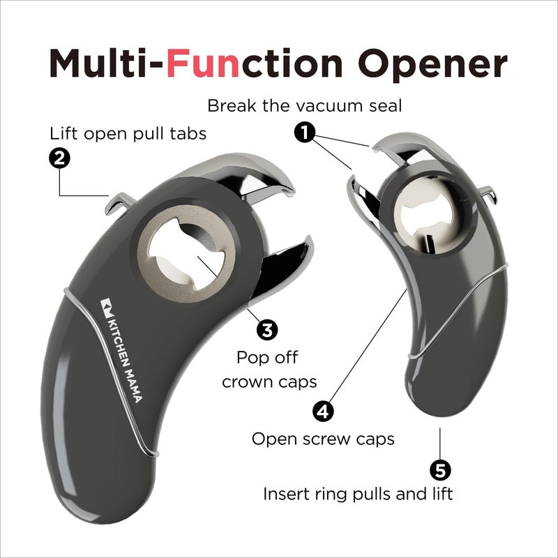 Kitchen Mama Epic One Multifunction Opener: Magnetic Bottle Opener, Beer Soda Opener, Effortless Jar Lid Opener for Seniors Elderly with weak Hand and Arthritis, Essential Kitchen Gadget (Metal Gray) - Image 2